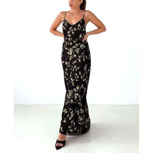 Rumored Black Leaf Print‎ Strappy Cami Maxi Dress Medium Floral Low Tide Envy